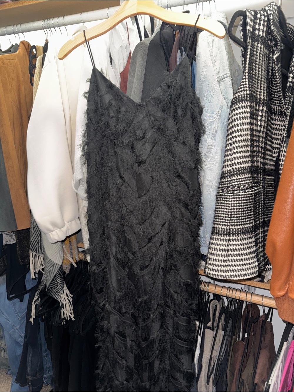Black Feather-Trim Slip Dress